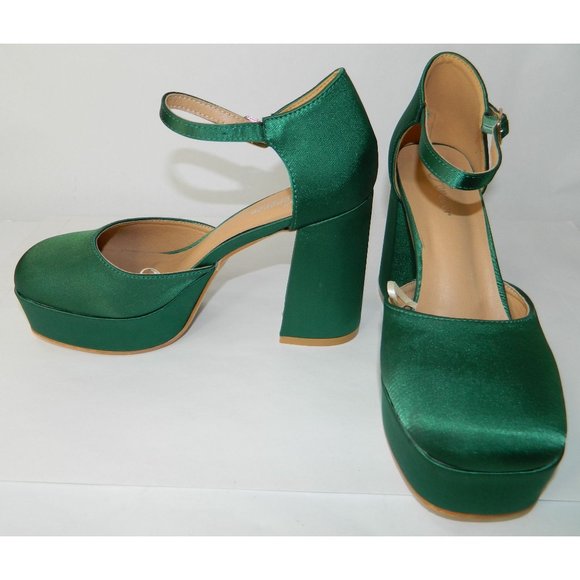 Size 8 Forever Emerald Green Satin Runway Block Heel Closed Toe Shoes Platform - Picture 13 of 16